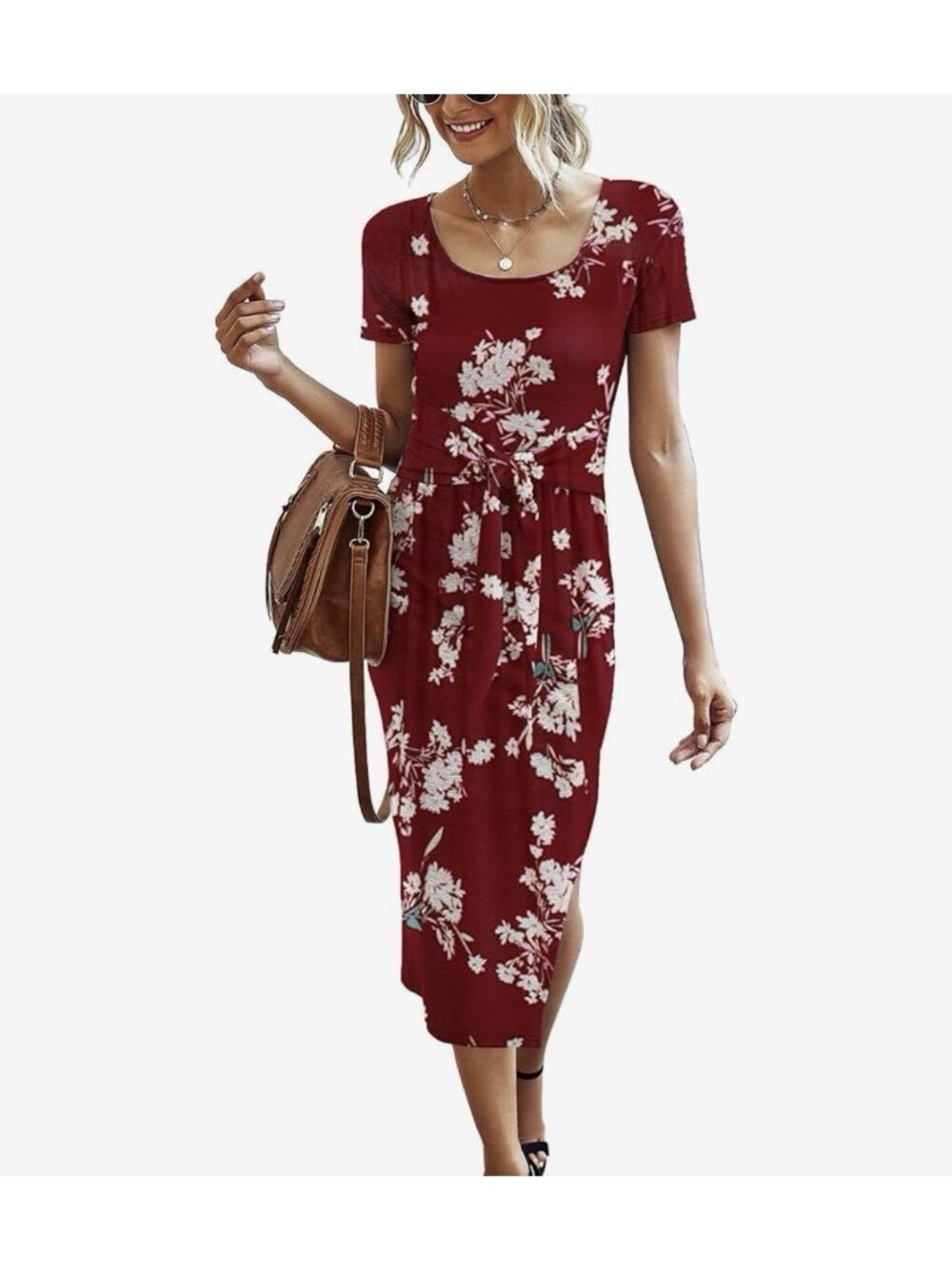 Women’s Size Medium Midi Dress Bodycon Short Sleeve Tie Waist Dresses